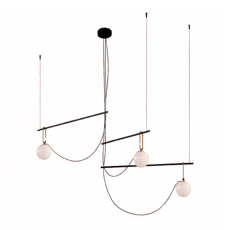 Black/Brass Spoked Linear Pendant with Opal Globes R&S Robertson
