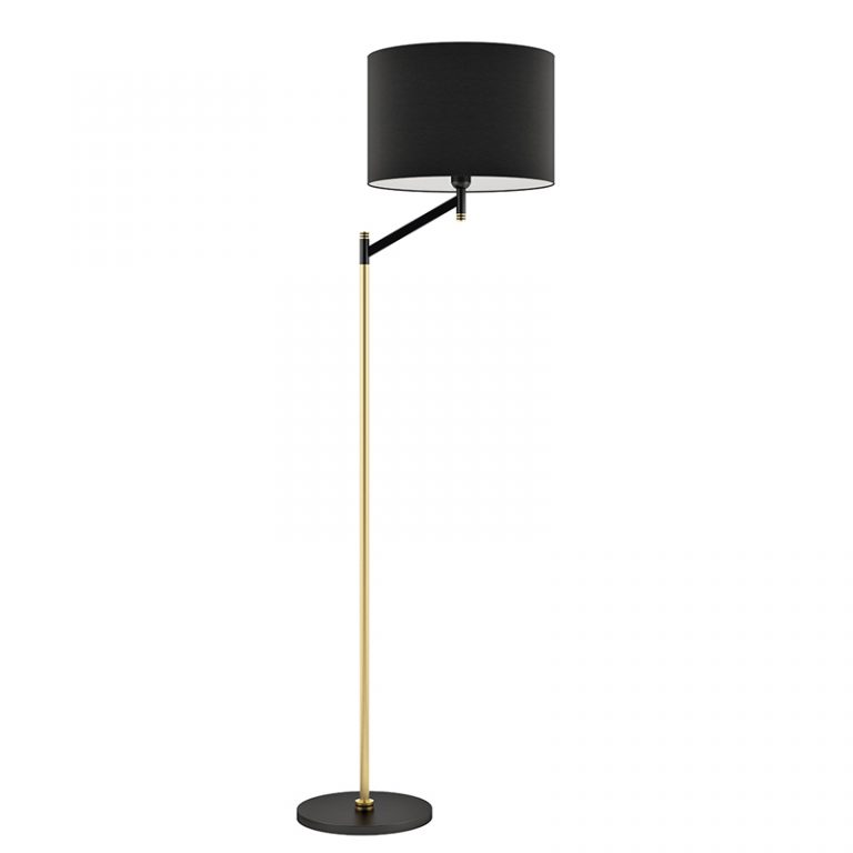 Matt Black Floor Lamp with Black Shade and Brushed Brass Detail R&S