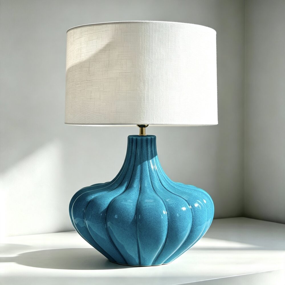 Pumpkin Ceramic Table Lamp in Crackle Blue Glaze