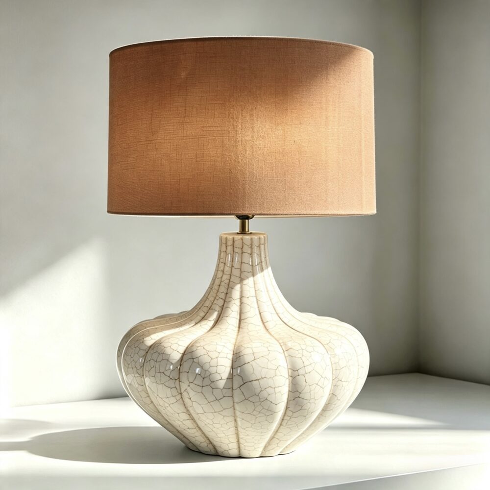 Pumpkin Ceramic Table Lamp in Crackle White Glaze