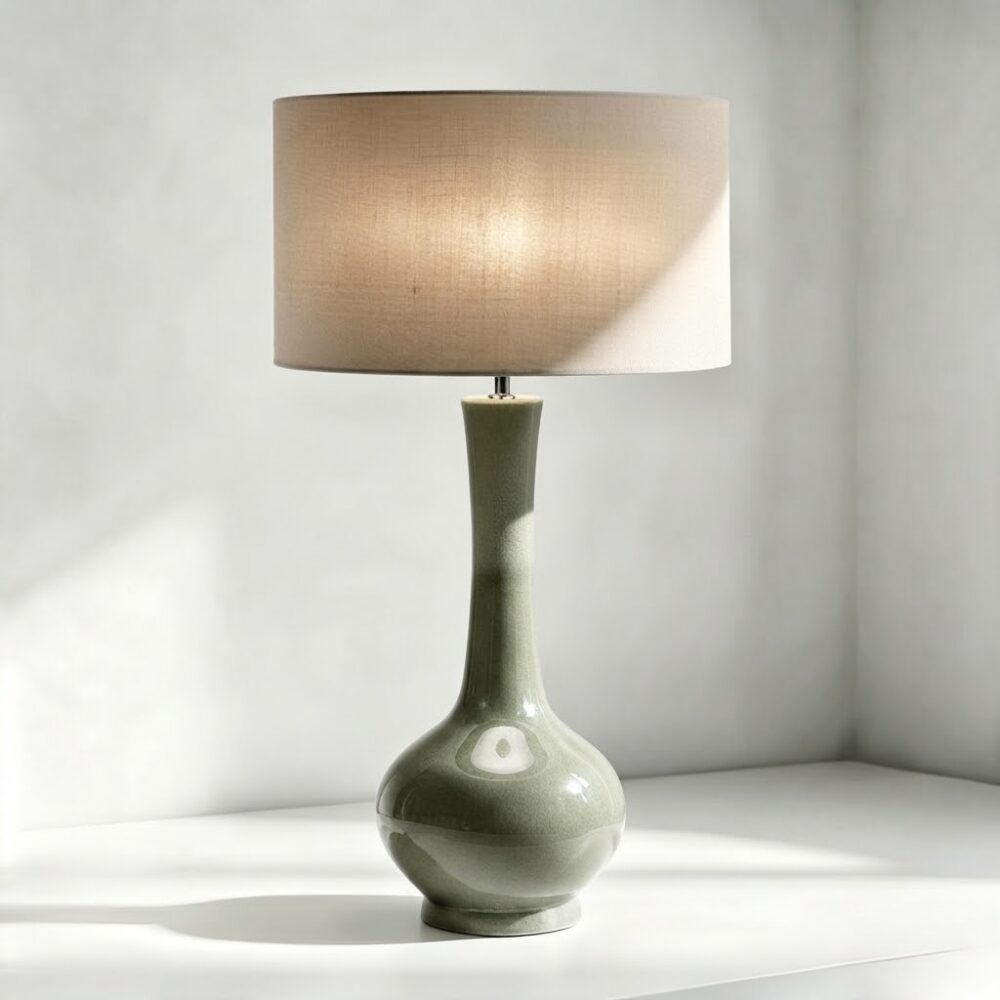 Teardrop Ceramic Table Lamp in Green Crackle Glaze