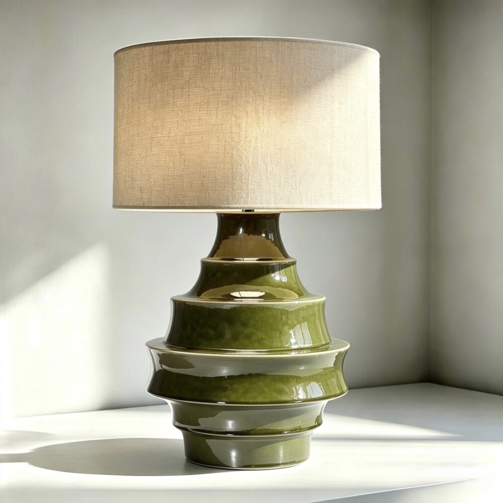 Conch Ceramic Table Lamp in Dark Green Glaze