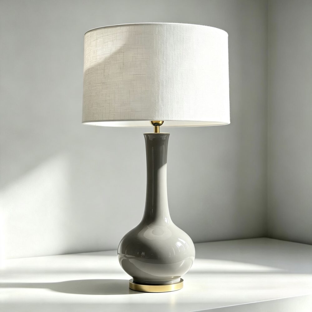 Teardrop Ceramic Lamp in Gloss Grey With Brass Base