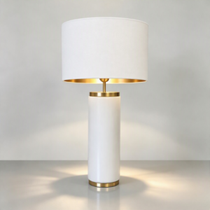 Cylinder Ceramic Table Lamp in Matt White + Brushed Brass