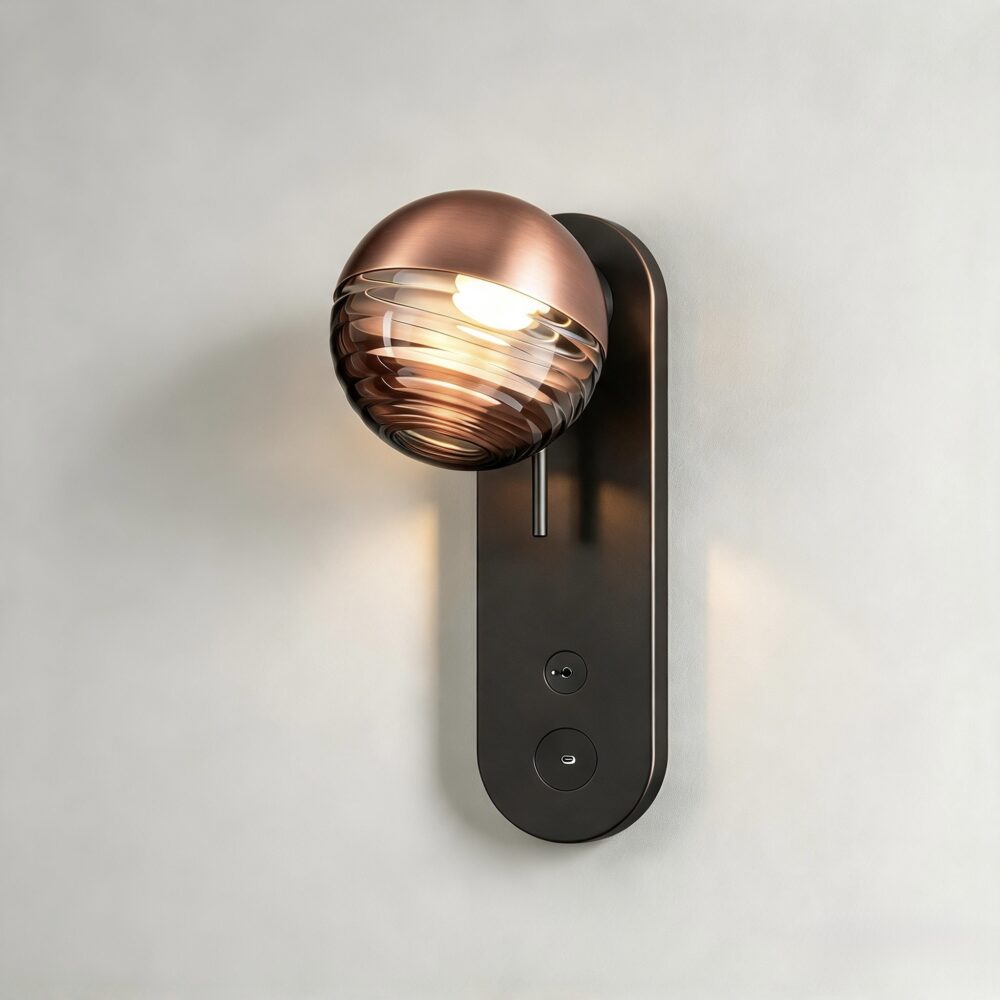 Jules Bedside Wall Light with USB-C in Super Matt Black and Satin Copper