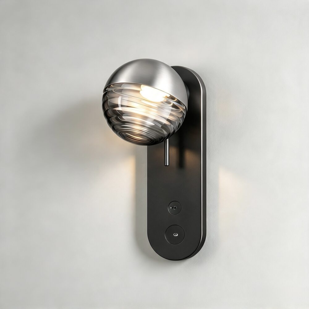Jules Bedside Wall Light with USB-C in Super Matt Black and Satin Nickel