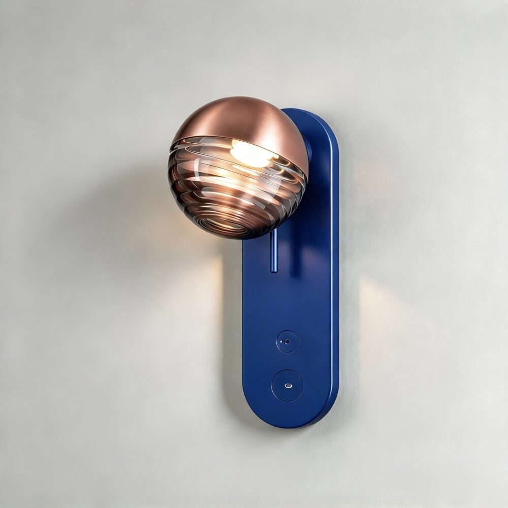 Jules Bedside Wall Light with USB-C in Cobalt Blue and Satin Copper