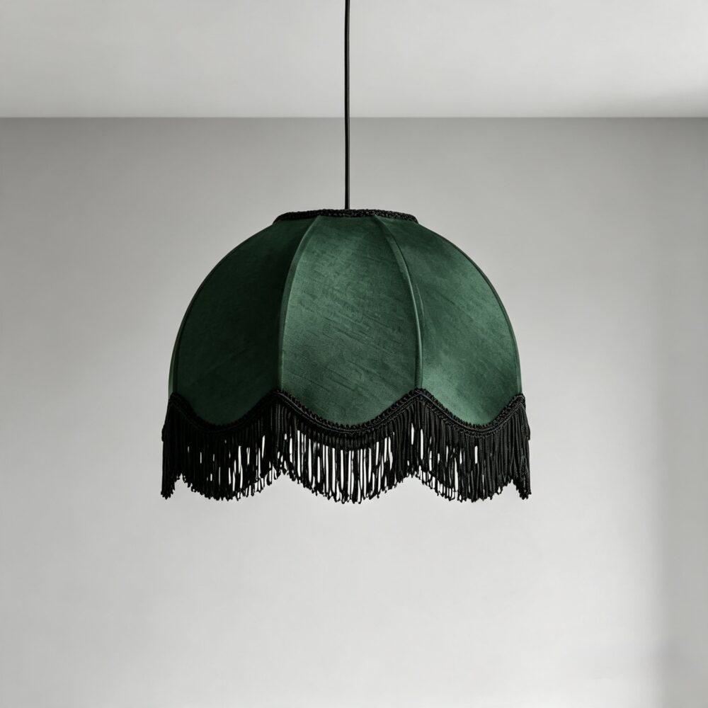 Vintage Pendant in Forest Green Silk + Black Fringe