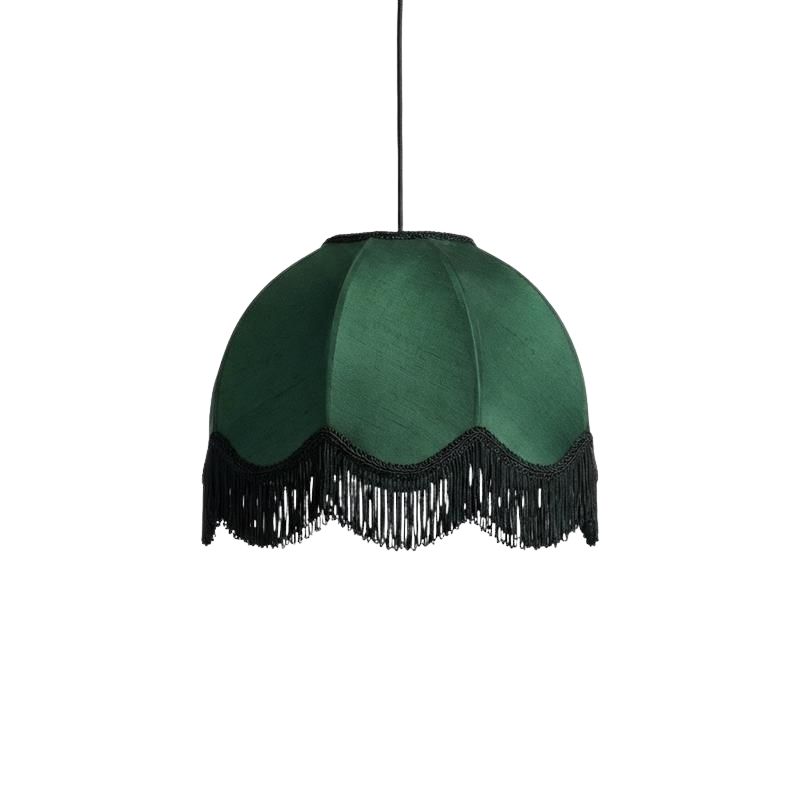 Forest Green Silk Vintage Pendant With Black Fringe