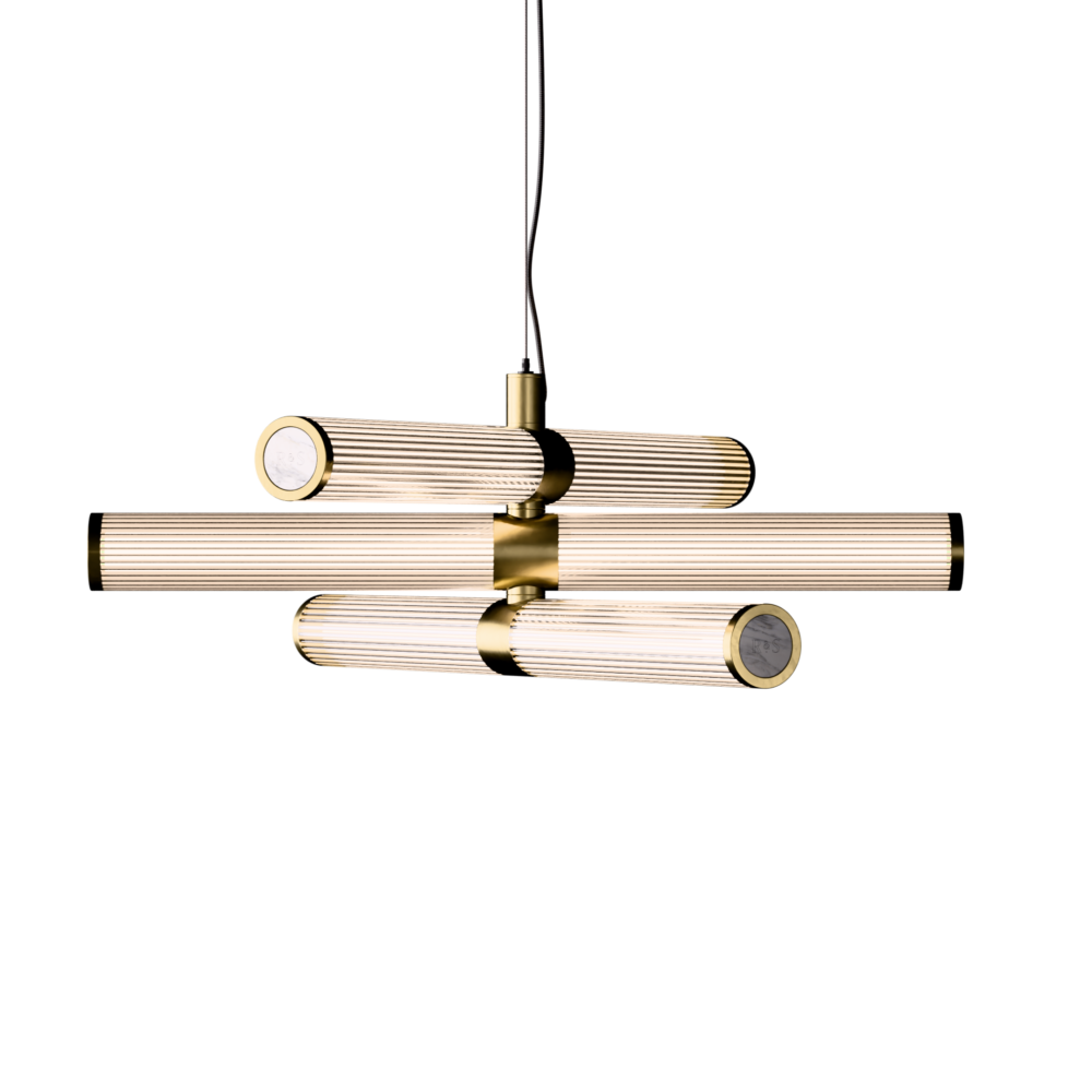 London Triple LED Chandelier in Satin Brass + White Marble
