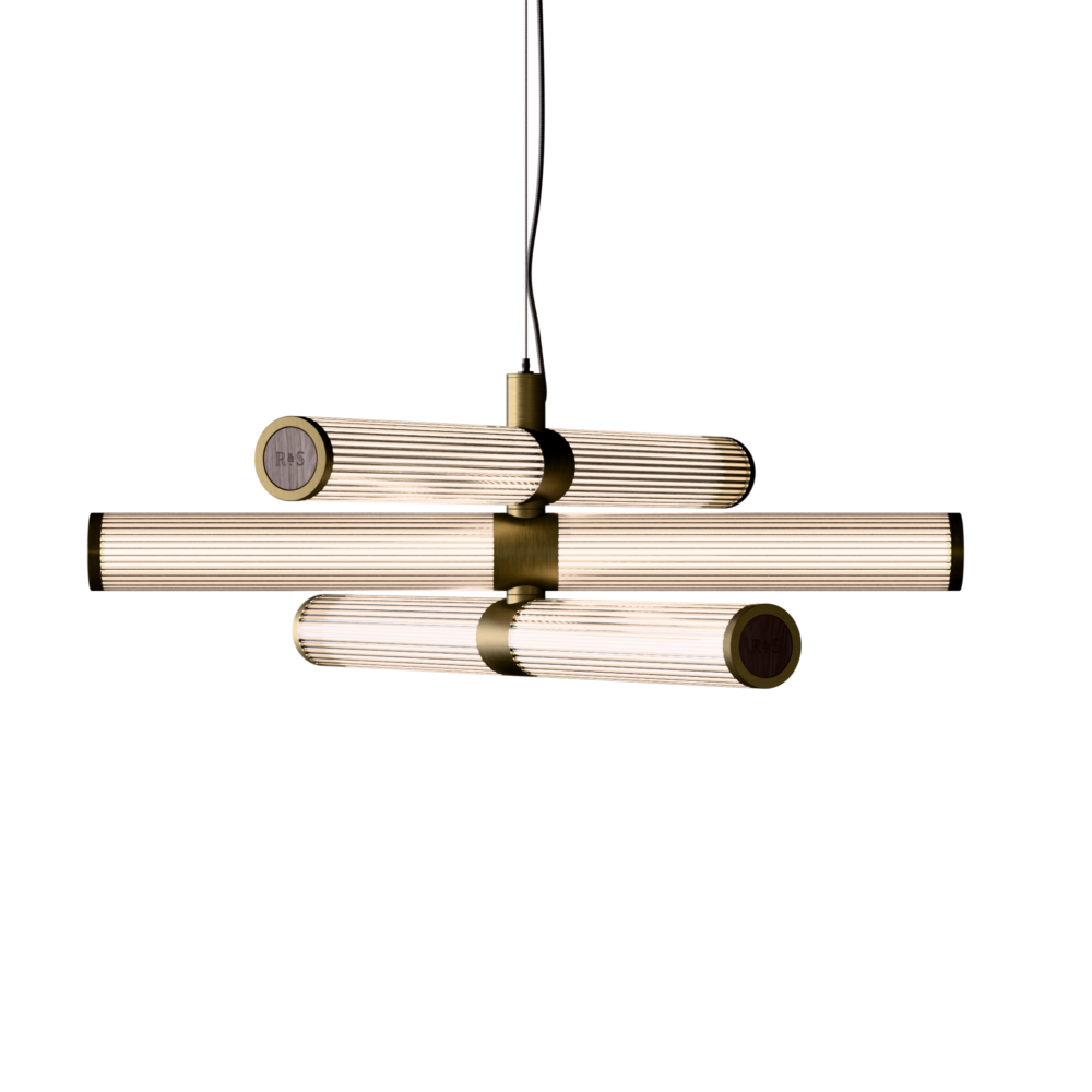 London Triple LED Chandelier in Burnished Brass + Walnut