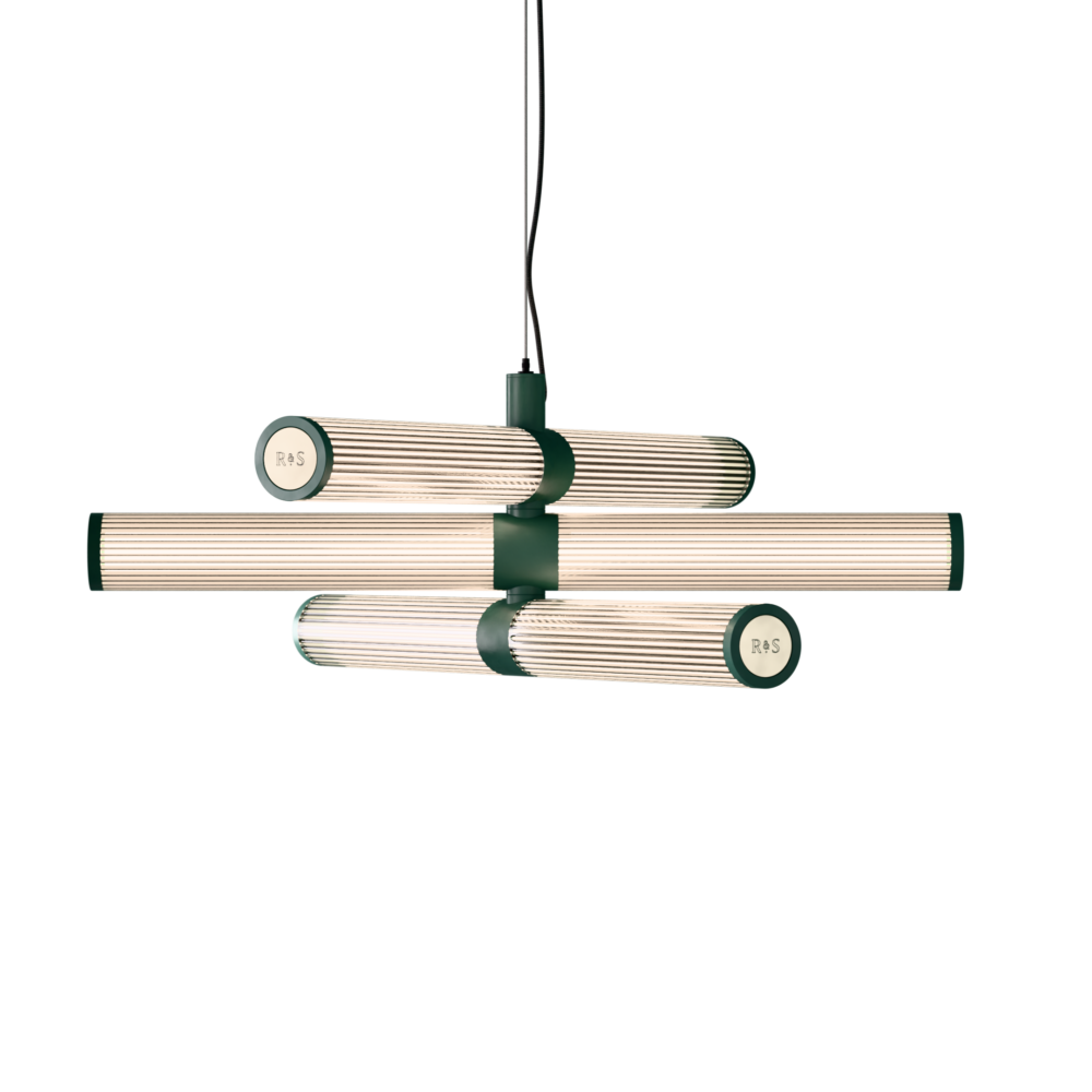 London Triple LED Chandelier in Patina Green + Champagne