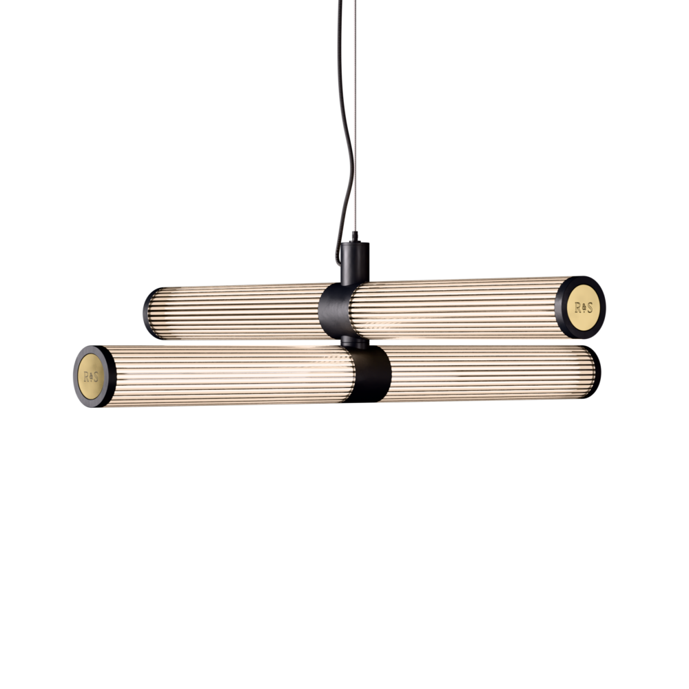 London Double LED Chandelier in Super Matt Black + Satin Brass