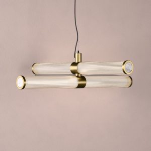 London Double LED Chandelier in Satin Brass + White Marble