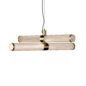 London Double LED Chandelier in Satin Brass + White Marble