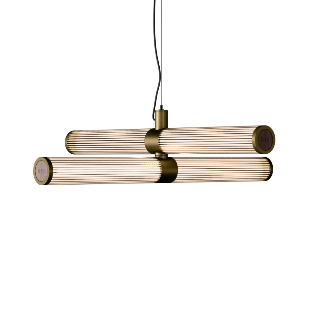 London Double LED Chandelier in Burnished Brass + Walnut