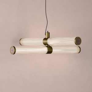 London Double LED Chandelier in Burnished Brass + Walnut