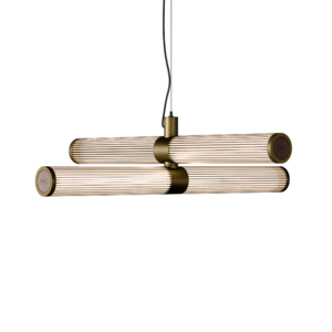 London Double LED Chandelier in Burnished Brass + Walnut
