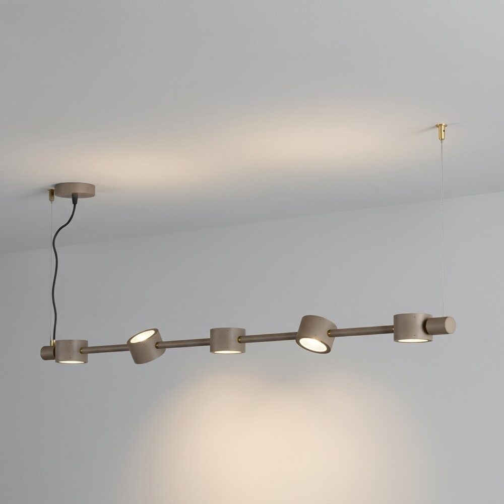 Falcon 5 Light LED Linear Pendant in Grey Beige + Satin Brass
