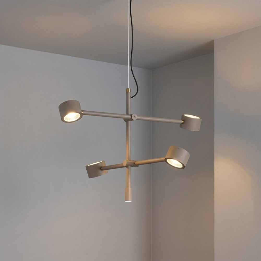Falcon 4 Light LED Pendant in Grey Beige + Satin Brass