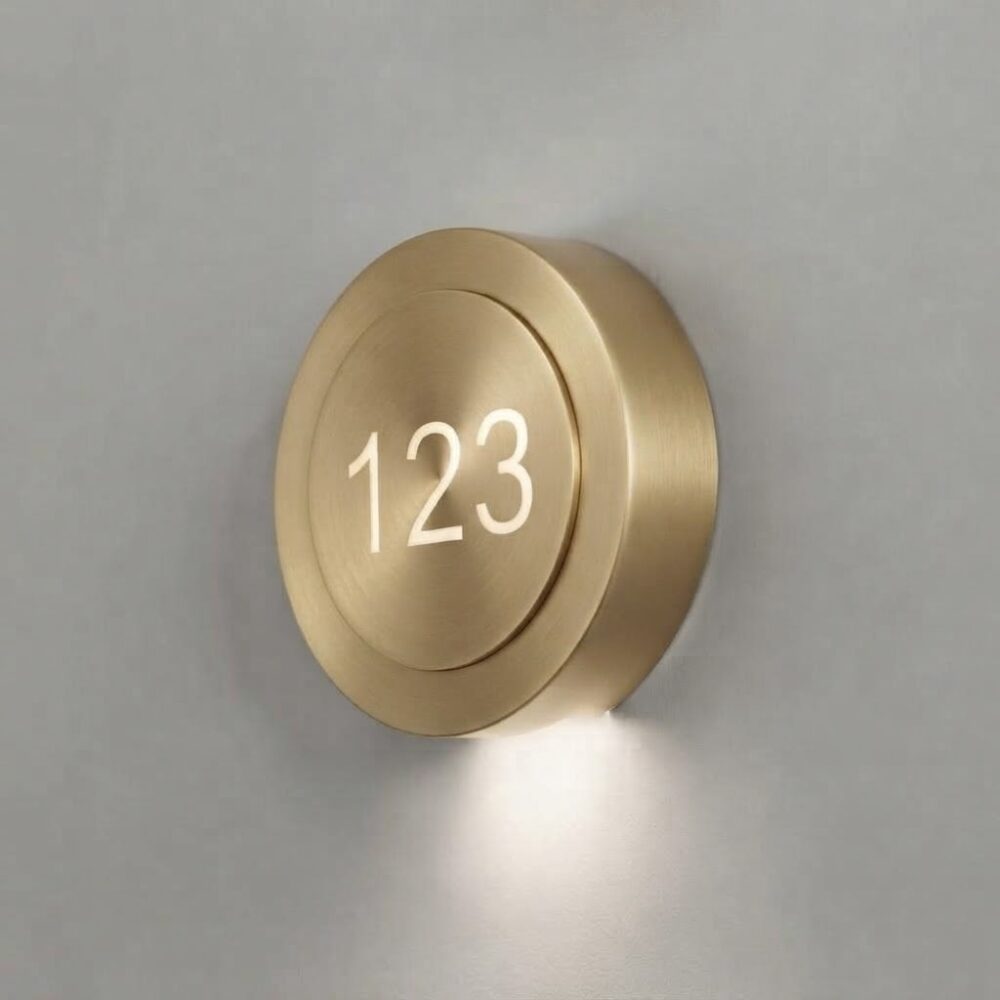 Puck LED Room Number Wall Light In Satin Brass