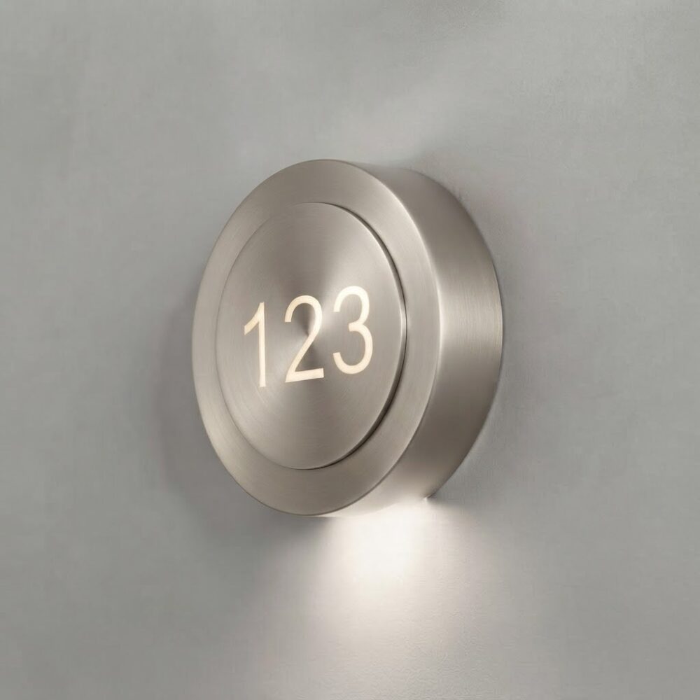 Puck LED Room Number Wall Light In Satin Nickel