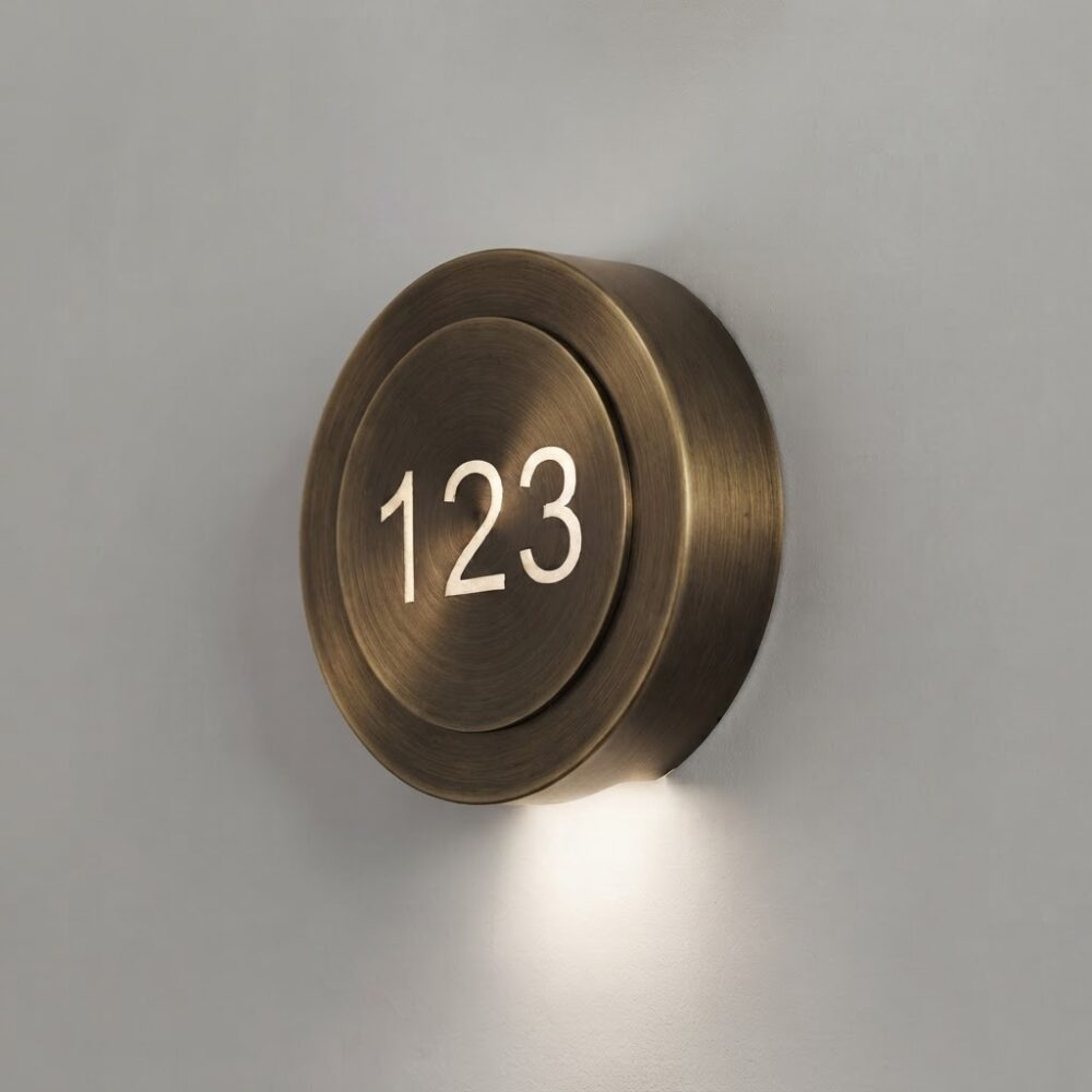 Puck LED Room Number Wall Light In Burnished Brass