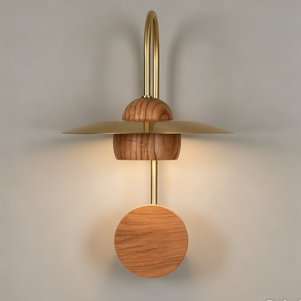 Saturn Wall Light In Satin Brass + Oak Wood