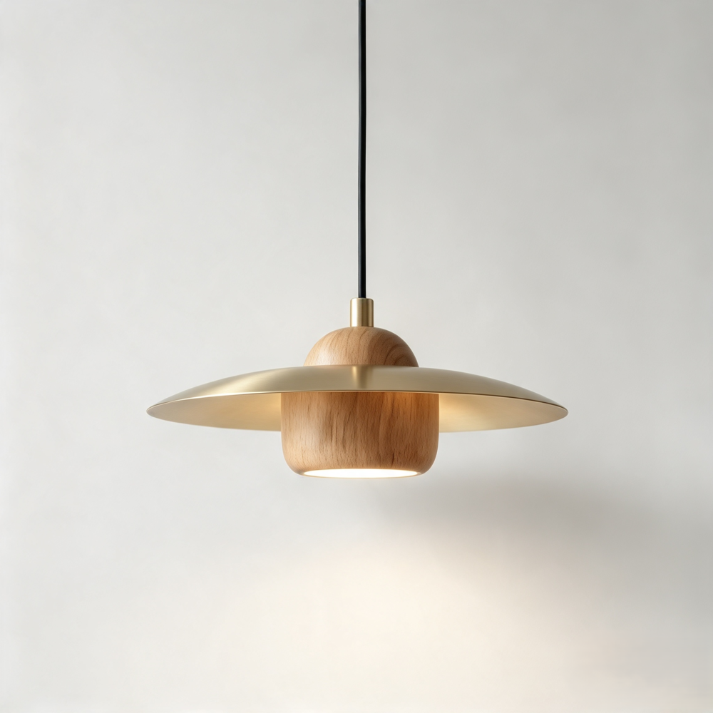 Saturn Pendant In Satin Brass + Oak Wood