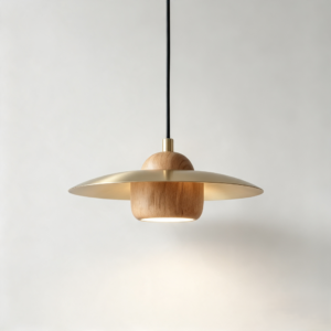 Saturn Pendant In Satin Brass + Oak Wood