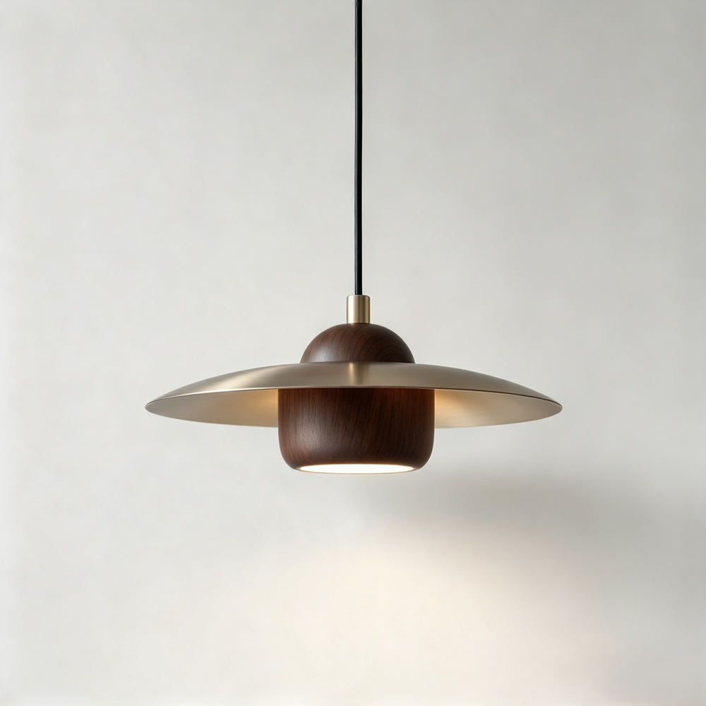Saturn Pendant In Satin Brass + Walnut Wood