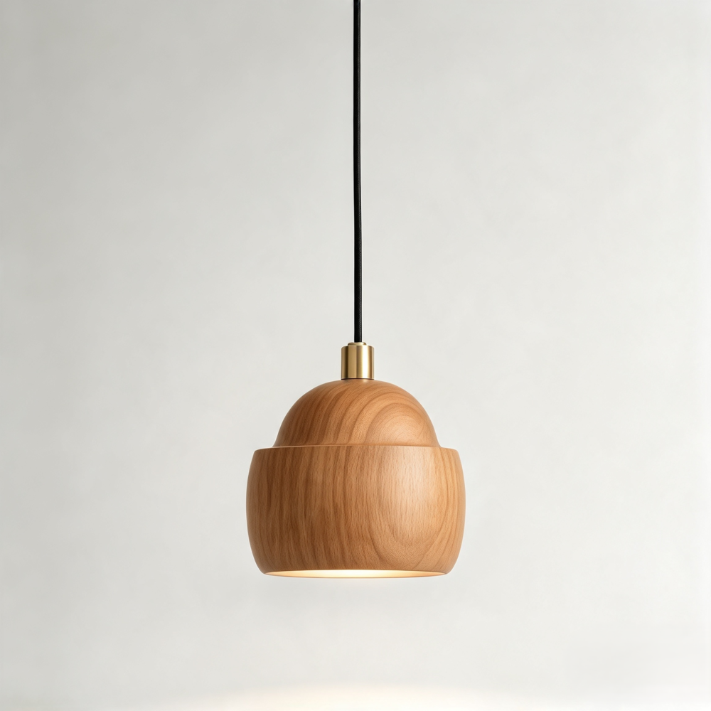 Pluto Pendant In Satin Brass + Oak Wood