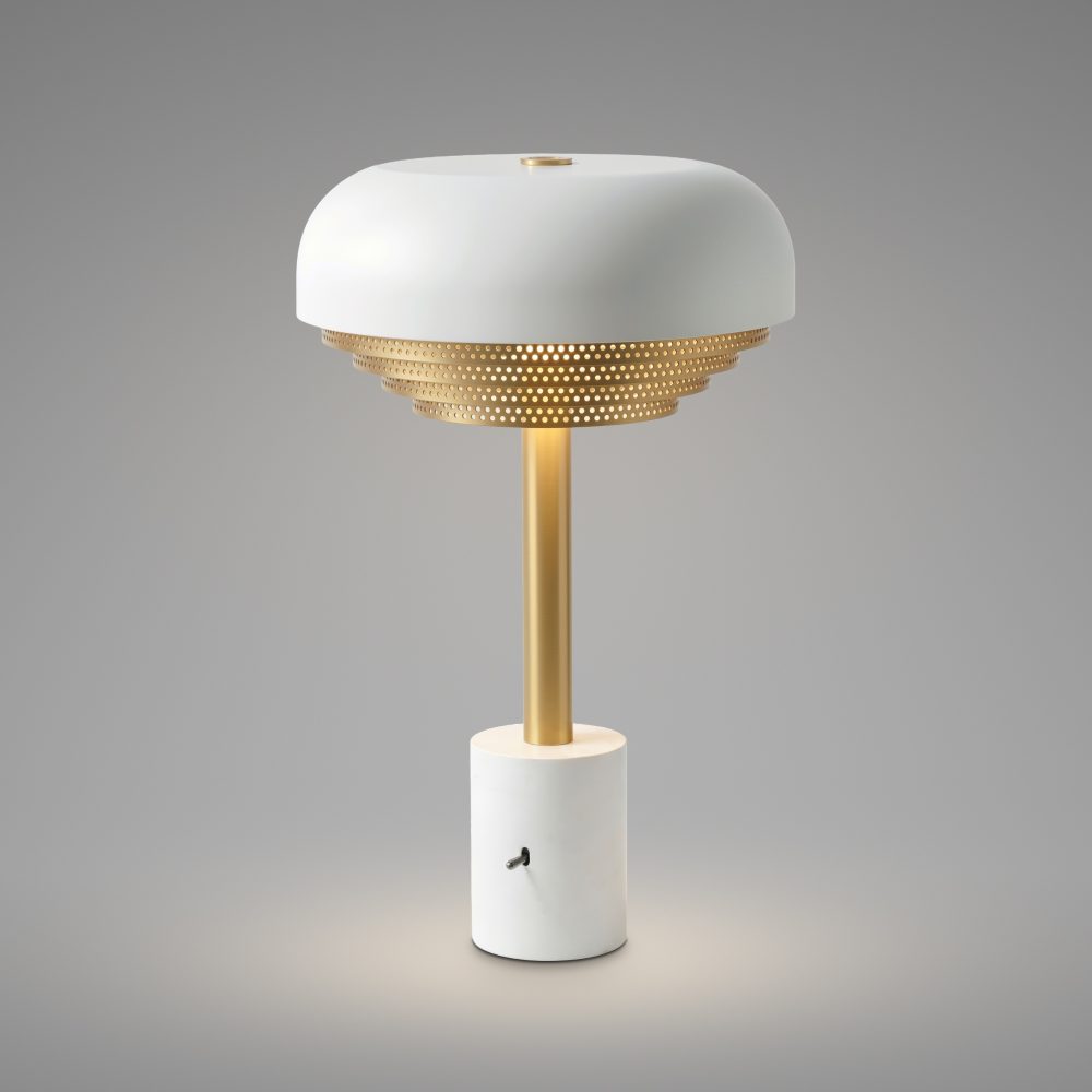 Acorn Table Lamp In Matt White + Satin Brass