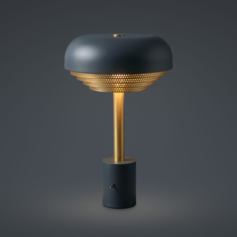 Acorn Table Lamp In Grey Blue + Satin Brass