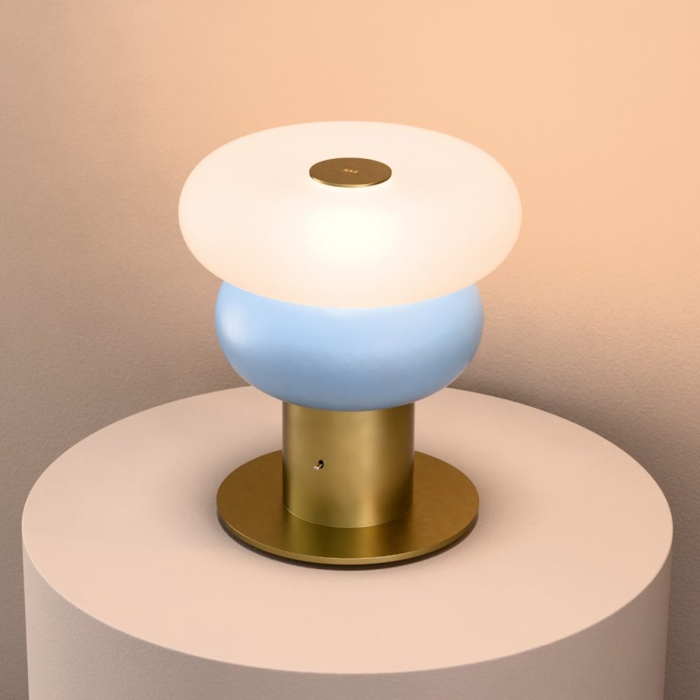 Glaze LED Ceramic Table Lamp In Pastel Blue + Satin Brass