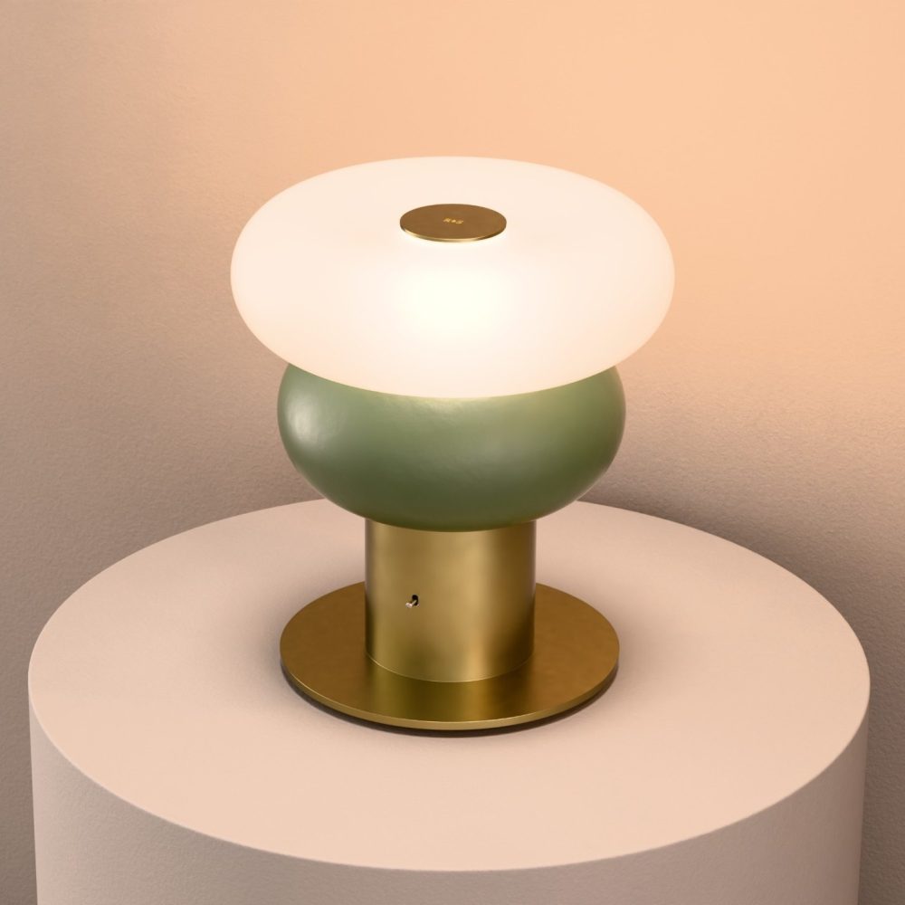 Glaze LED Ceramic Table Lamp In Olive Green + Satin Brass