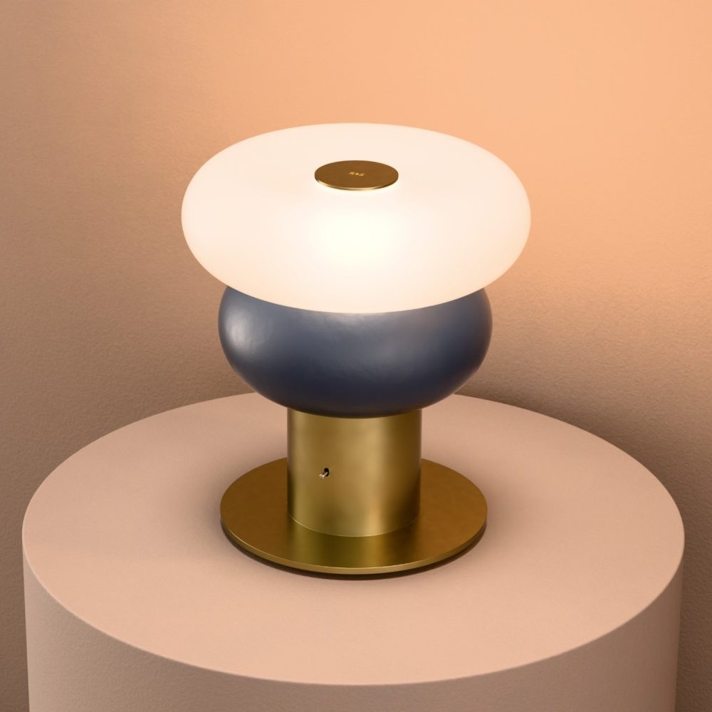 Glaze LED Ceramic Table Lamp In Grey Blue + Satin Brass