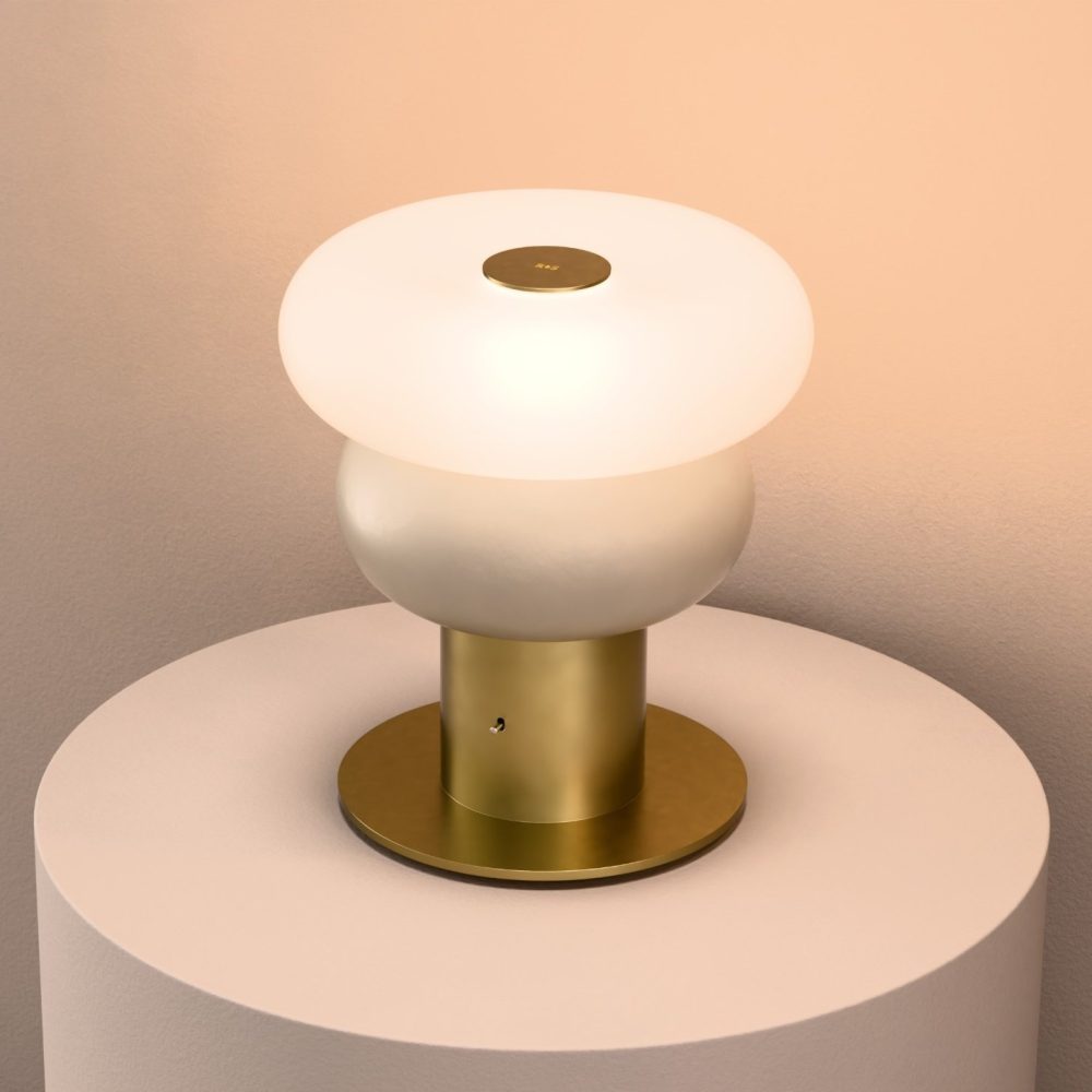 Glaze LED Ceramic Table Lamp In Grey Beige + Satin Brass