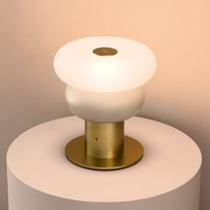 Glaze LED Ceramic Table Lamp In Grey Beige + Satin Brass