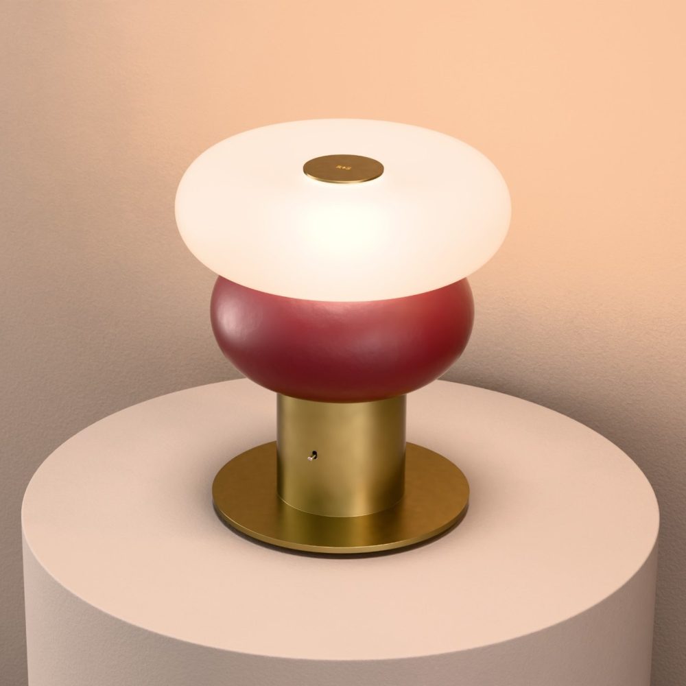 Glaze LED Ceramic Table Lamp In Wine Red + Satin Brass