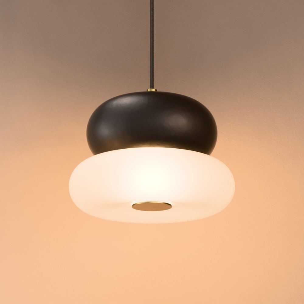 Glaze LED Ceramic Pendant In Matt Black + Satin Brass