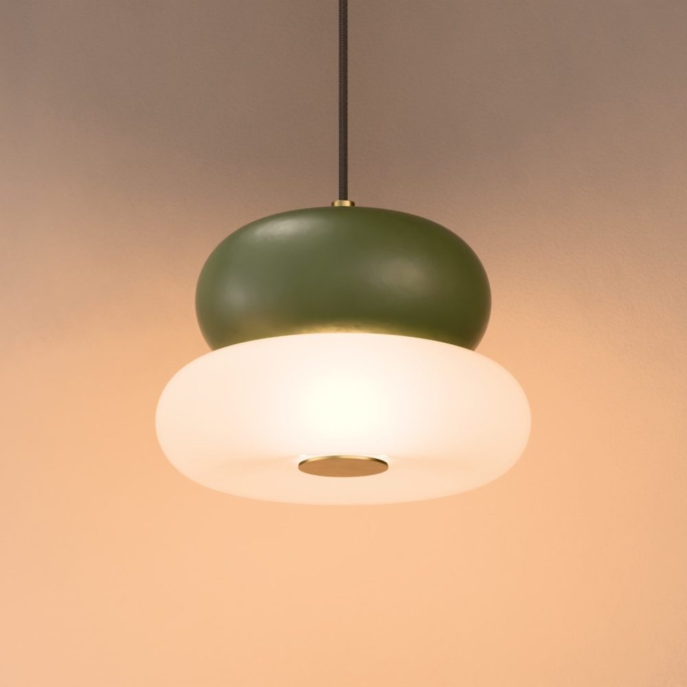 Glaze LED Ceramic Pendant In Olive Green + Satin Brass