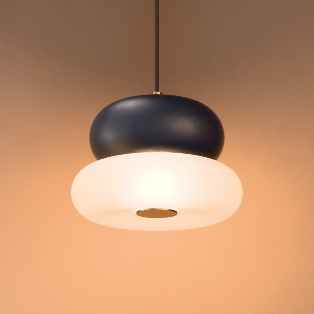 Glaze LED Ceramic Pendant In Grey Blue + Satin Brass