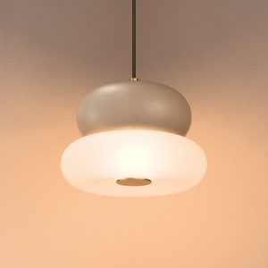 Glaze LED Ceramic Pendant In Grey Beige + Satin Brass