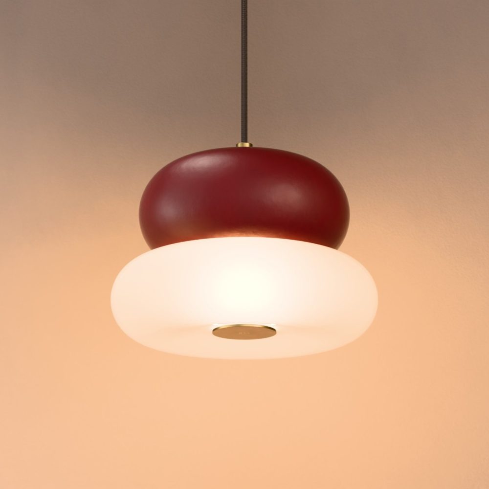 Glaze LED Ceramic Pendant In Wine Red + Satin Brass