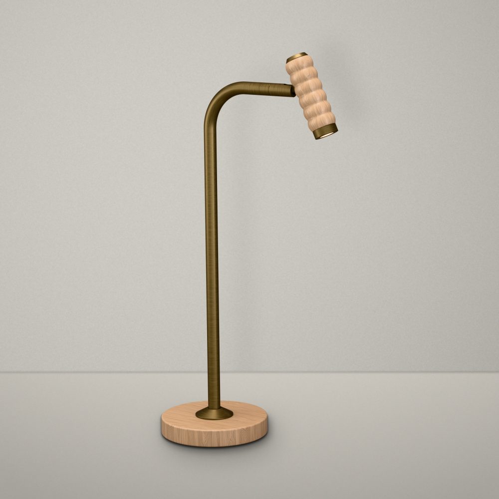 Bobbin LED Desk Lamp In Burnished Brass + Oak Wood