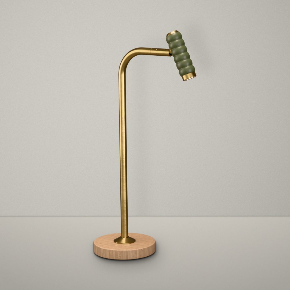 Bobbin LED Desk Lamp In Satin Brass, Olive Green + Oak Wood