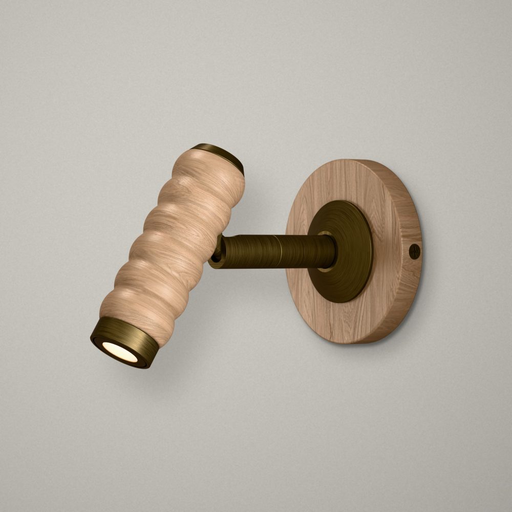 Bobbin LED Reading Light In Burnished Brass + Oak Wood
