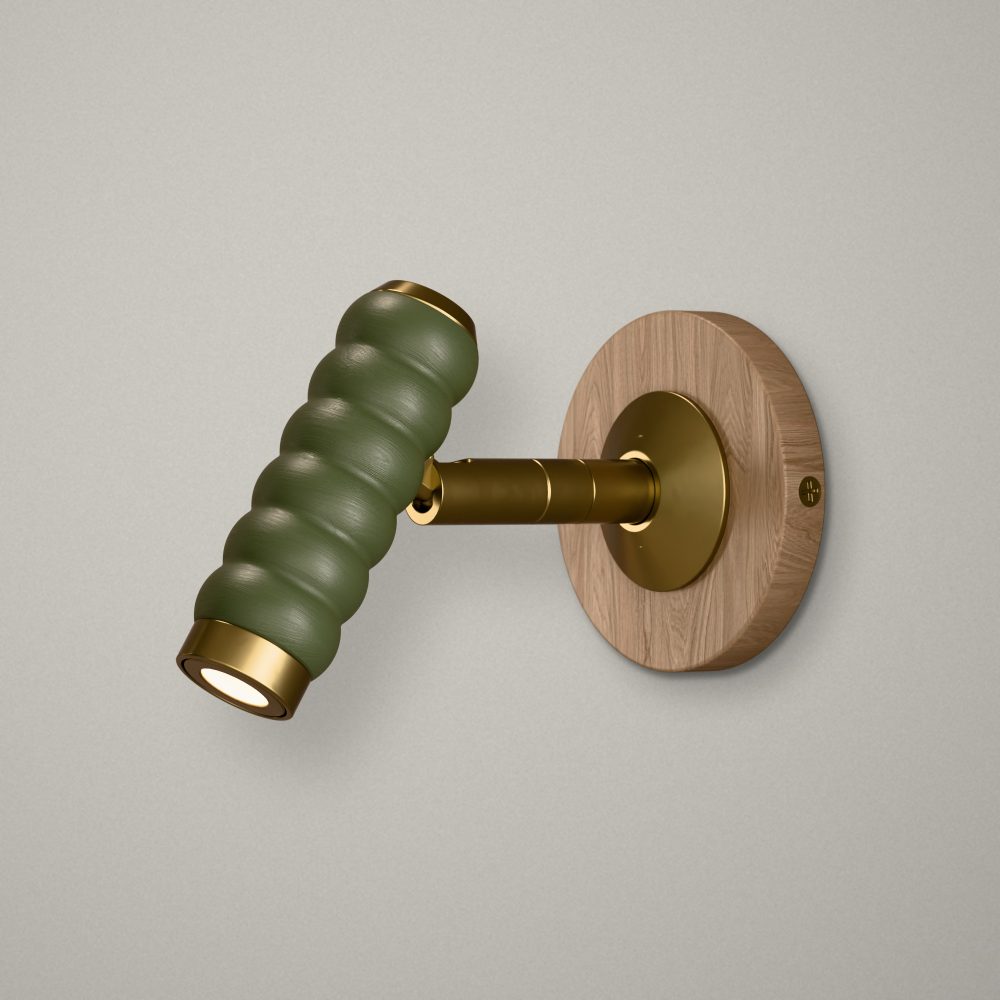 Bobbin LED Reading Light In Satin Brass, Olive Green + Oak Wood